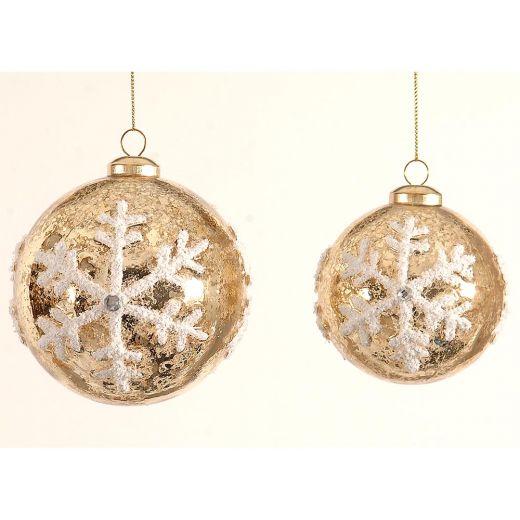 Χριστουγεννιάτικη μπάλα, γυάλινη, χρυσή με χιόνι, 8cm
