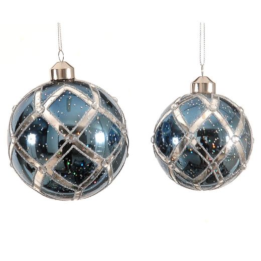 Χριστουγεννιάτικη μπάλα, γυάλινη, μπλε με ασημί διαμαντάκια, 8cm