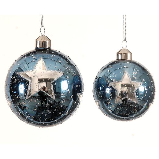 Χριστουγεννιάτικη μπάλα, γυάλινη, μπλε με σαμπανί αστέρι, 8cm