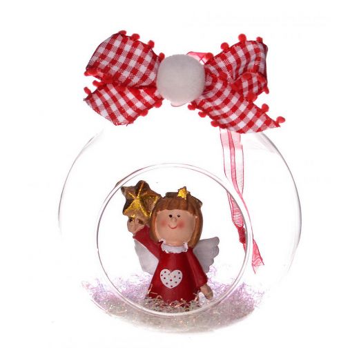 Χειροποίητη χριστουγεννιάτικη μπάλα, γυάλινη με τρύπα, με κόκκινο αγγελάκι, 10cm