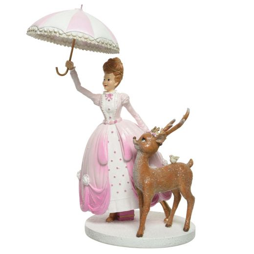 Χριστουγεννιάτικο διακοσμητικό, lady με ομπρέλα ροζ και ελαφάκι, 43.3cm