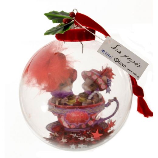 Χειροποίητη χριστουγεννιάτικη μπάλα, γυάλινη, ποντικάκια σε κούπα, 10cm