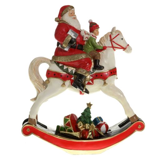 Χριστουγεννιάτικο διακοσμητικό, Αγ. Βασίλης με παιδάκι πάνω σε κουνιστό άλογο, 34cm