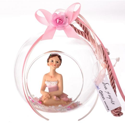 Χειροποίητη χριστουγεννιάτικη μπάλα, γυάλινη με τρύπα, ροζ, κοριτσάκι, 10cm