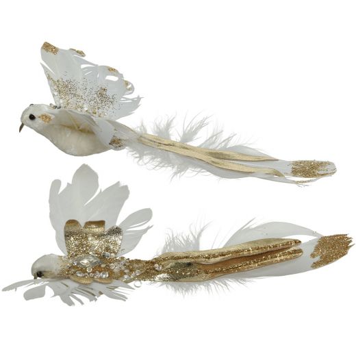 Χριστουγεννιάτικο στολίδι, πουλί λευκό/χρυσό, με γκλίτερ, πούπουλα, 22cm