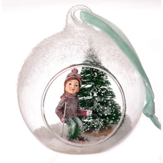 Χειροποίητη χριστουγεννιάτικη μπάλα, γυάλινη με τρύπα, παιδάκι με σκι, 10cm