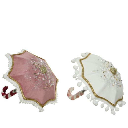 Χριστουγεννιάτικο διακοσμητικό, ομπρέλα, ροζ/λευκή, με χάντρες, 20cm