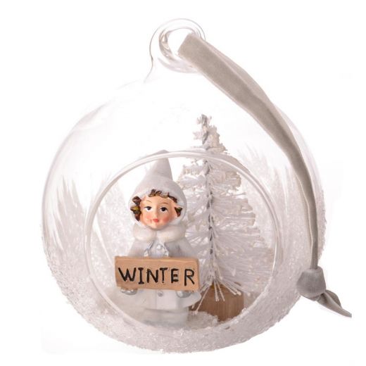 Χειροποίητη χριστουγεννιάτικη μπάλα, γυάλινη με τρύπα, κοριτσάκι στα χιόνια, 10cm
