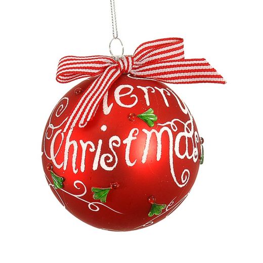 Χριστουγεννιάτικη μπάλα, κόκκινη, γυάλινη, "Merry Xmas", με φιόγκο, 17.5cm 