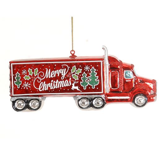 Χριστουγεννιάτικο στολίδι, κρεμαστό, γυάλινο, κόκκινο φορτηγό, 7.5cm 