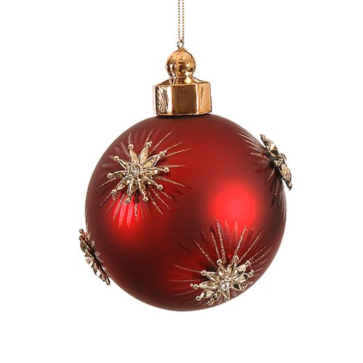 Χριστουγεννιάτικη μπάλα, κόκκινη/πράσινη/μωβ, γυάλινη με 3D λουλουδάκια, 13.5cm