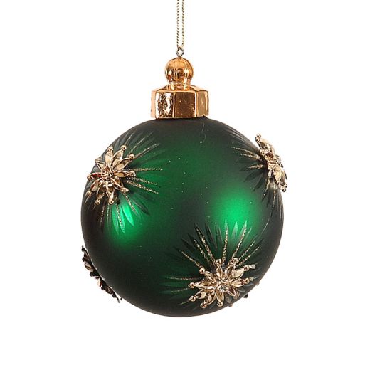 Χριστουγεννιάτικη μπάλα, κόκκινη/πράσινη/μωβ, γυάλινη με 3D λουλουδάκια, 13.5cm-Πράσινο