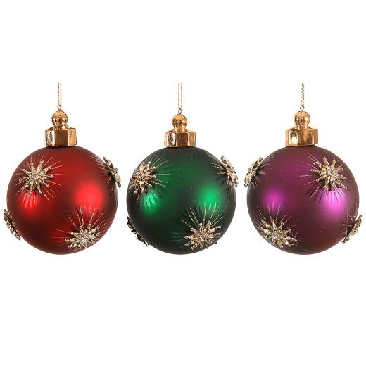Χριστουγεννιάτικη μπάλα, κόκκινη/πράσινη/μώβ, γυάλινη με 3D λουλουδάκια