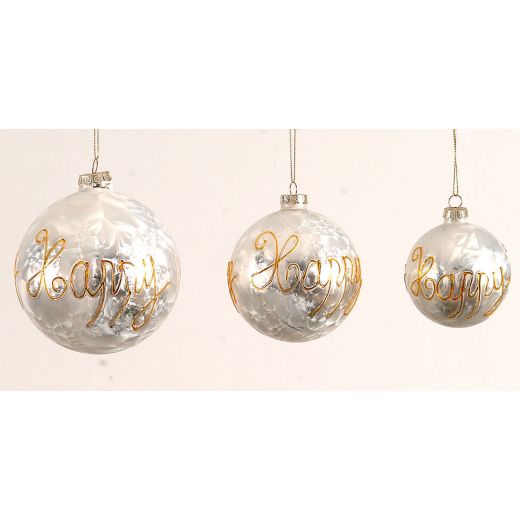 Χριστουγεννιάτικη μπάλα, λευκή με χρυσά γράμματα, 8cm