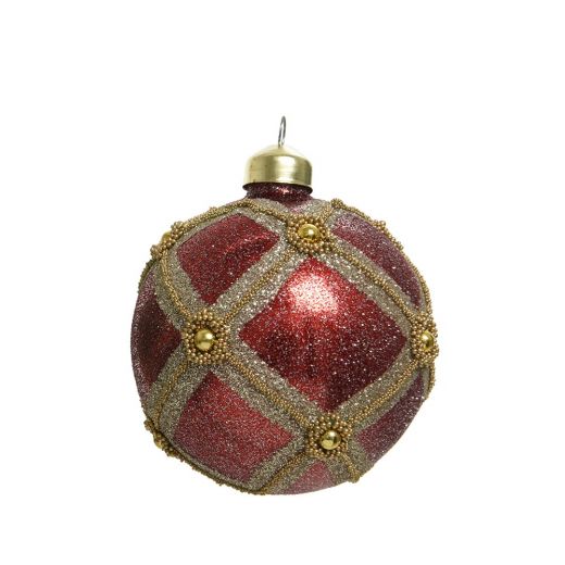 Χριστουγεννιάτικη μπάλα, γυάλινη με γκλίτερ, 8cm-Κόκκινο