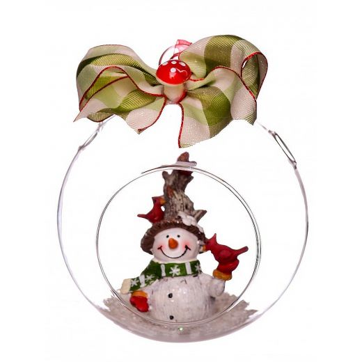 Χειροποίητη χριστουγεννιάτικη μπάλα, γυάλινη με τρύπα, με χιονάνθρωπο, 12cm