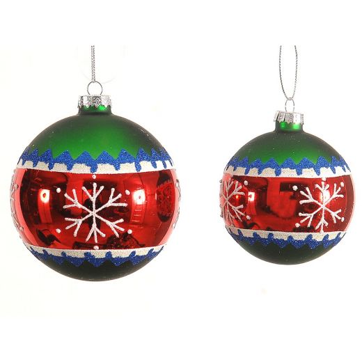 Χριστουγεννιάτικη μπάλα, κόκκινη/πράσινη, γυάλινη, με χιόνι, 10cm