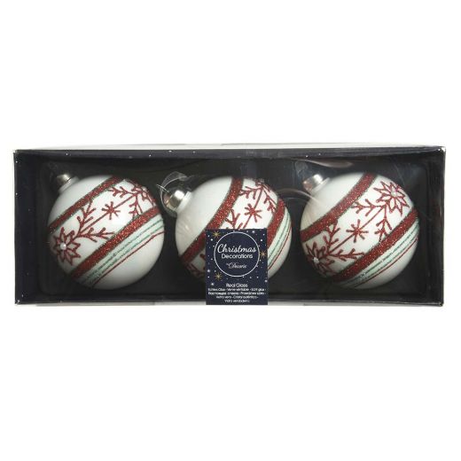 Χριστουγεννιάτικη μπάλα, γυάλινη, λευκή/κόκκινη με γκλίτερ, 8cm-Λευκό