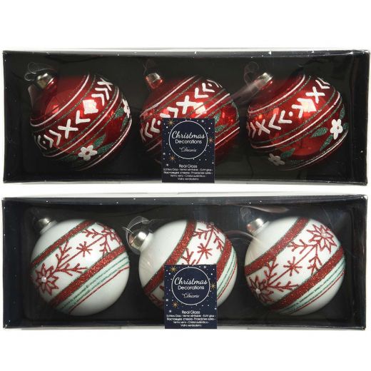 Χριστουγεννιάτικη μπάλα, γυάλινη, λευκή/κόκκινη με γκλίτερ, 8cm