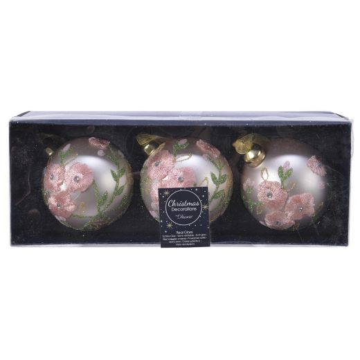 Χριστουγεννιάτικες μπάλες, σετ 3 ΤΕΜ, γυάλινες ματ με λουλούδια, 8cm-Ροζ