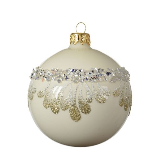Χριστουγεννιάτικη μπάλα, γυάλινη γυαλιστερή άσπρη με γκλίτερ και διαμάντια, 8cm