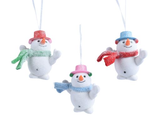 Snowman plastic flock hat-scarf 3ass