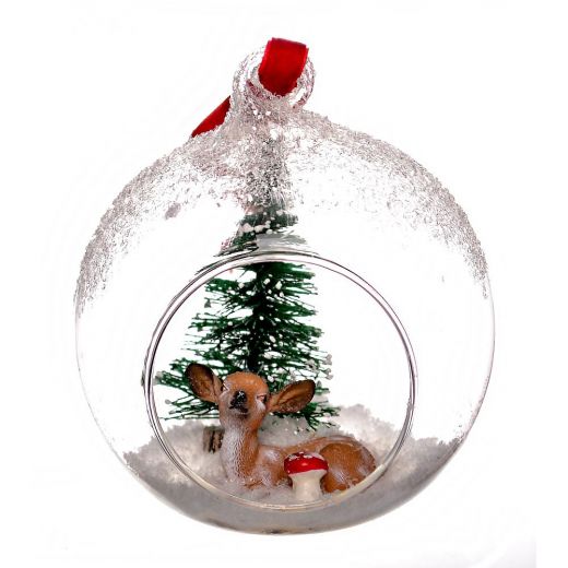 Χειροποίητη χριστουγεννιάτικη μπάλα, γυάλινη με τρύπα, με ελάφι και δέντρο, 10cm