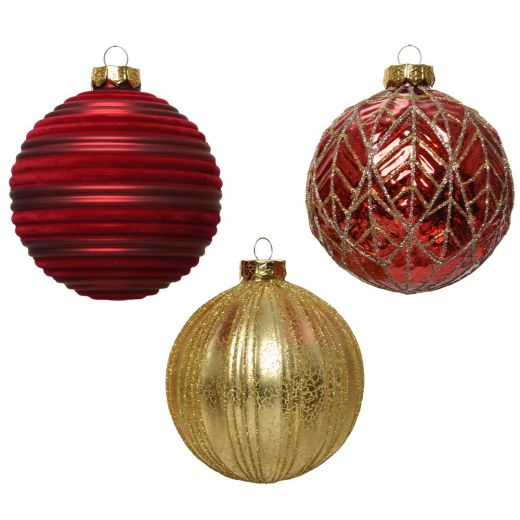 Χριστουγεννιάτικες μπάλες, σετ 3 ΤΕΜ, γυάλινες, αντίκα, κόκκινο/χρυσό, 10cm