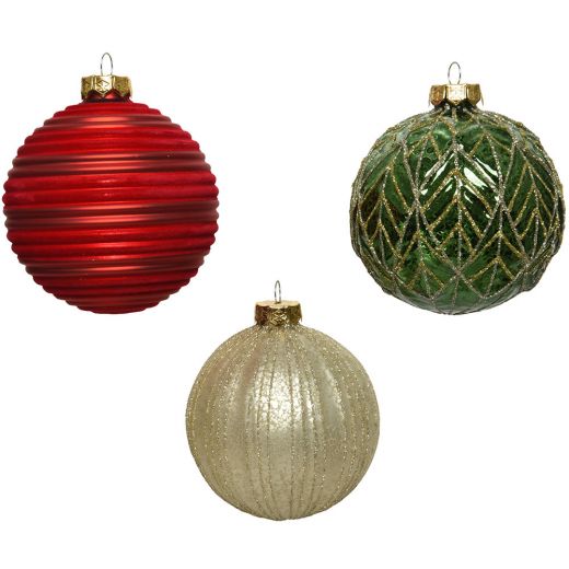 Χριστουγεννιάτικες μπάλες, σετ 3 ΤΕΜ, γυάλινες, αντίκα, κόκκινο/πράσινο, 10cm