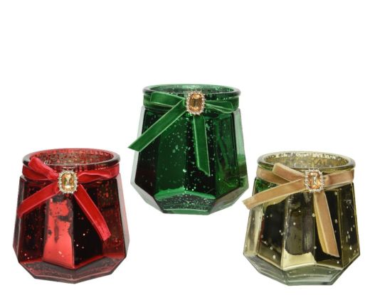 Tealightholder glass anti silver inside, spray color outside velvet ribbon, diamond, 1ΤΜΧ