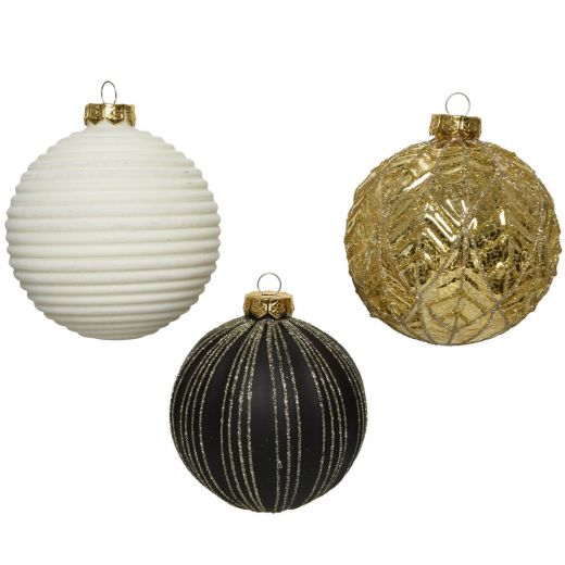 Χριστουγεννιάτικες μπάλες, σετ 3 ΤΕΜ, γυάλινες, αντίκα, λευκό/χρυσό/μαύρο, 10cm