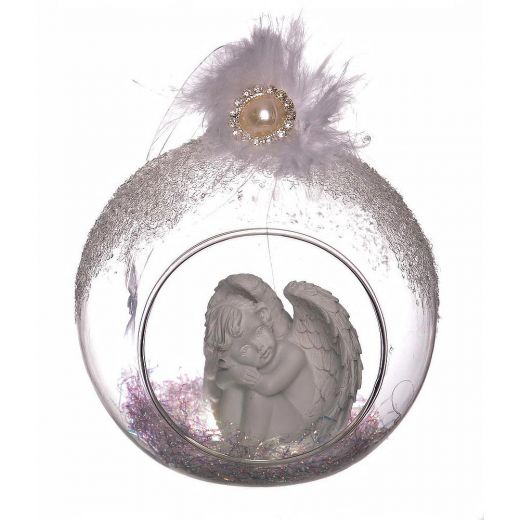 Χειροποίητη χριστουγεννιάτικη μπάλα, γυάλινη με τρύπα, με άγγελο και πούπουλα, 10cm