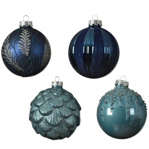 Χριστουγεννιάτικες μπάλες, σετ 4 ΤΕΜ, γυάλινες, αντίκα, μπλε, 8cm