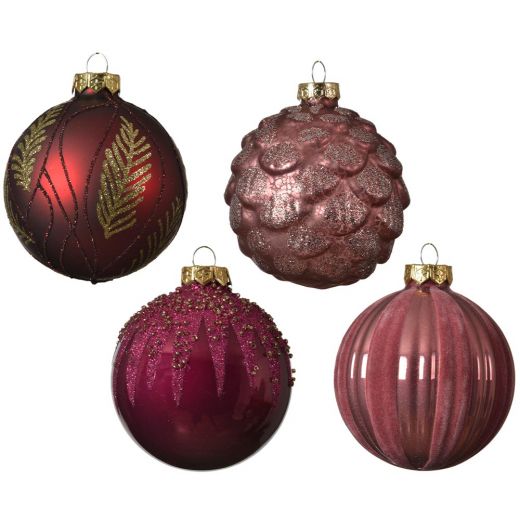Χριστουγεννιάτικες μπάλες, σετ 4 ΤΕΜ, γυάλινες, αντίκα, κόκκινο/ροζ, 8cm