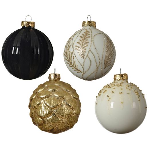 Χριστουγεννιάτικες μπάλες, σετ 4 ΤΕΜ, γυάλινες, αντίκα, άσπρο/χρυσό/μαύρο, 8cm