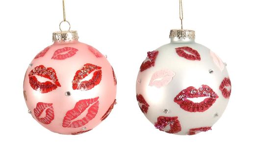 10CM Hanging Glass "Merry Kisses" Ball in pink & white, 1ΤΜΧ