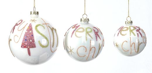 12/48-10cm Glass white ball w/merry christmas text