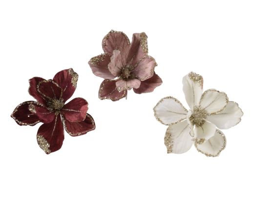 Flower on clip polyester velvet glitter, 1ΤΜΧ-Λευκό
