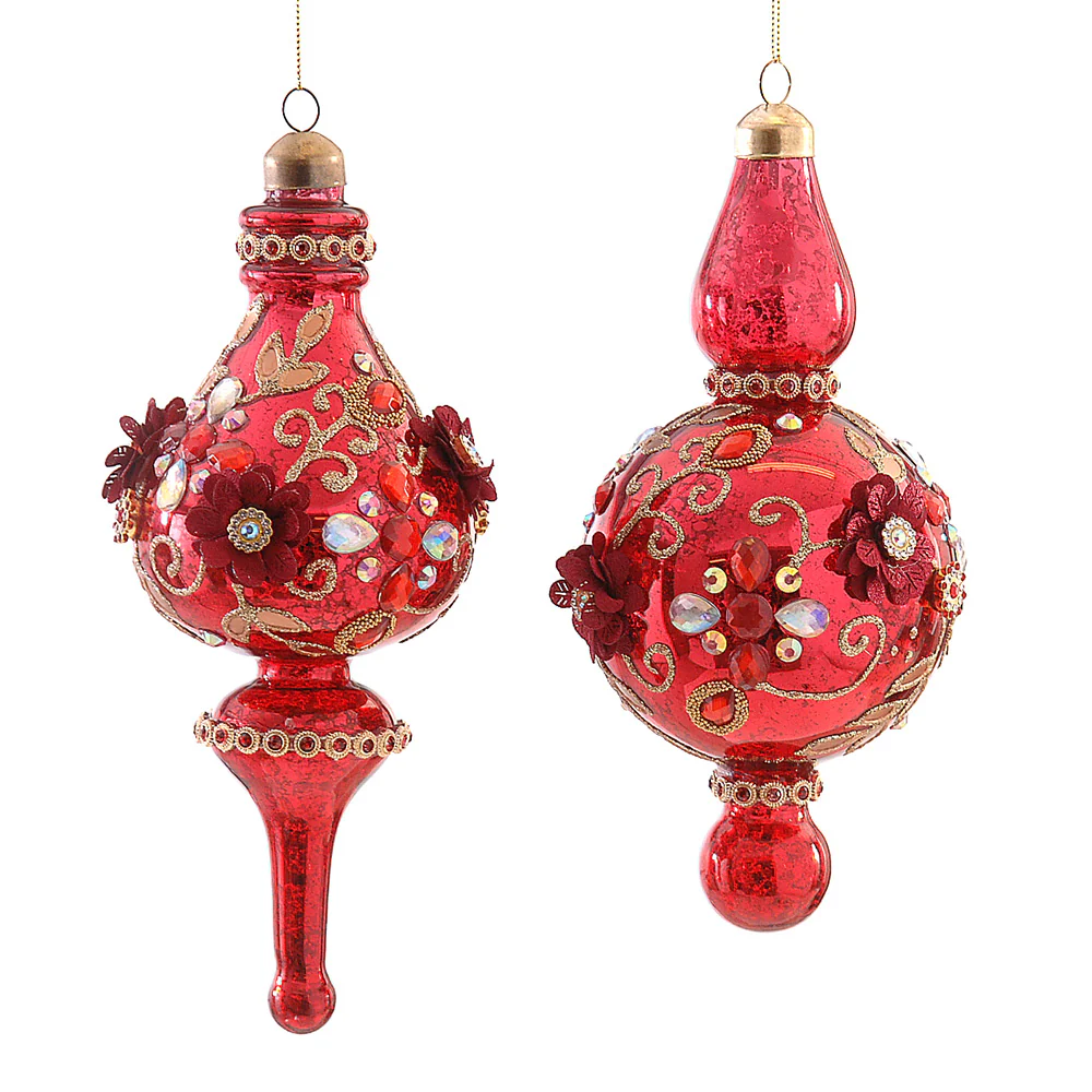 6/24-2Asst 20cm Glass red finial orn w/gold details