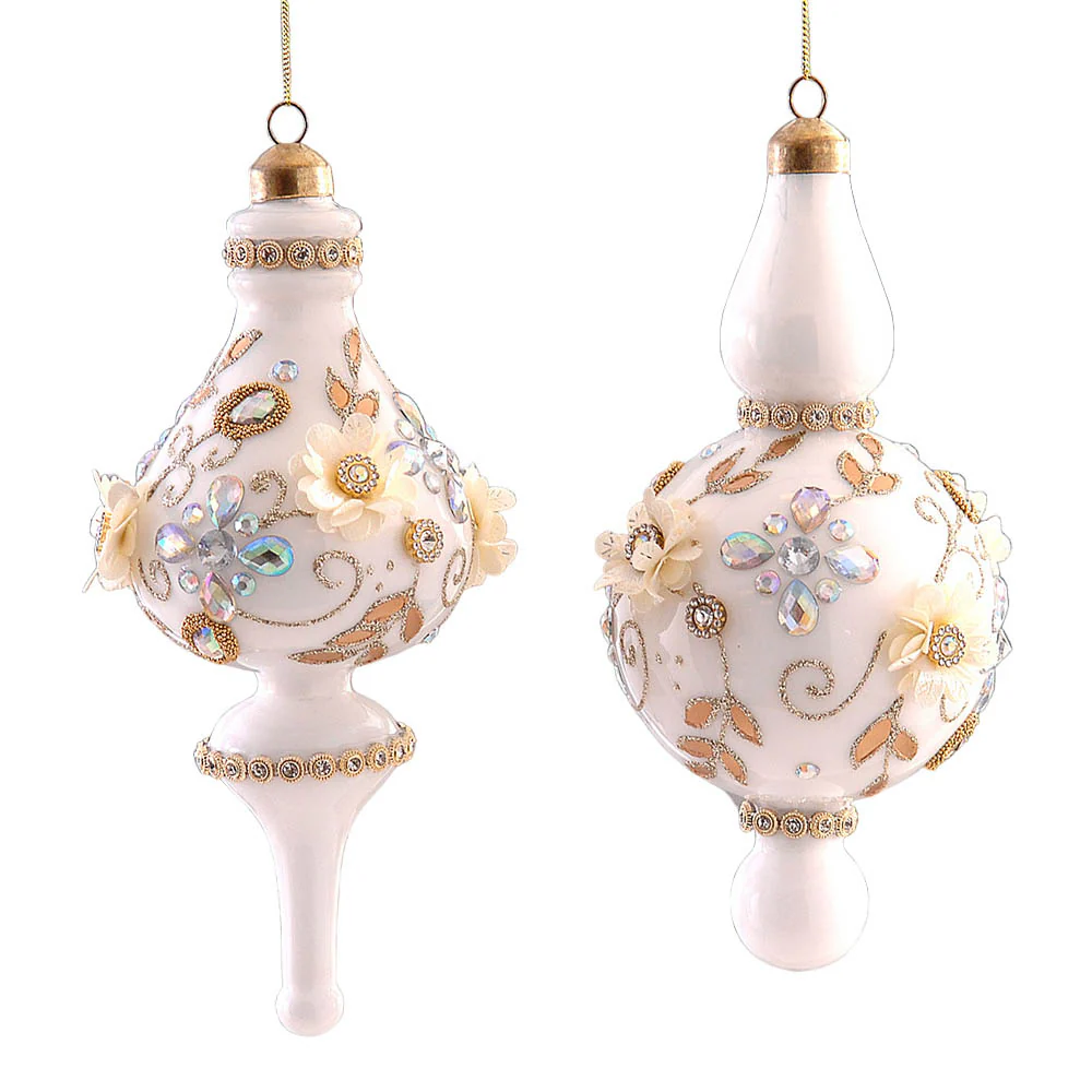 6/24-2Asst 20cm Glass white finial orn w/gold details