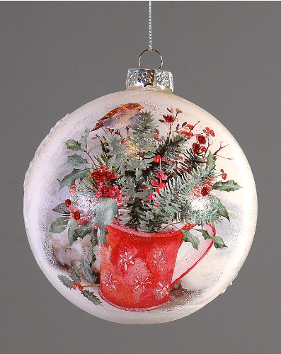 6/144-12cm Glass white ball w/flowers & bird design