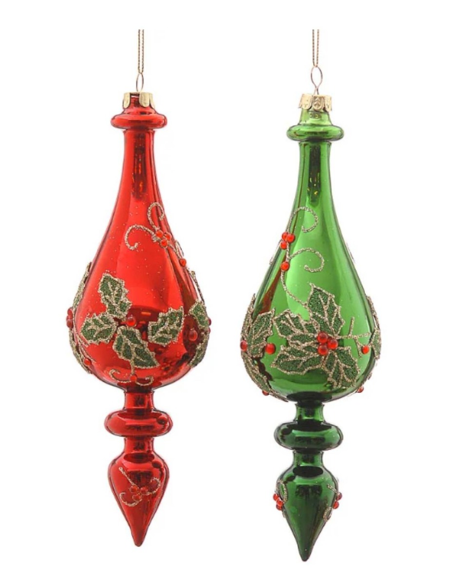 4/24-2Asst 26cm Glass red green finial orn w/green leaves