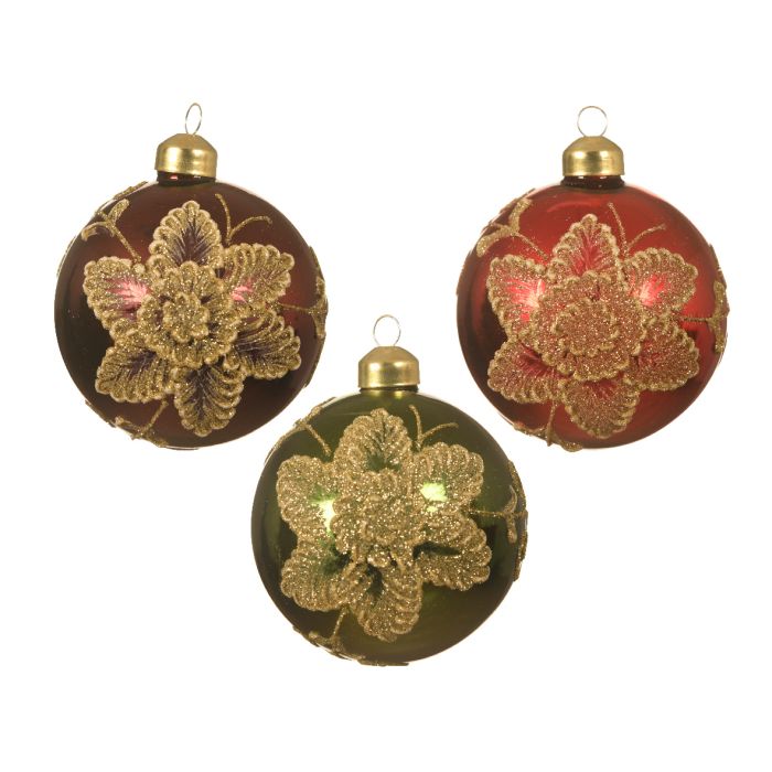 Bauble glass silver inside w shiny color white emulsion w gold glitter flower 1ΤΜΧ-Πράσινο