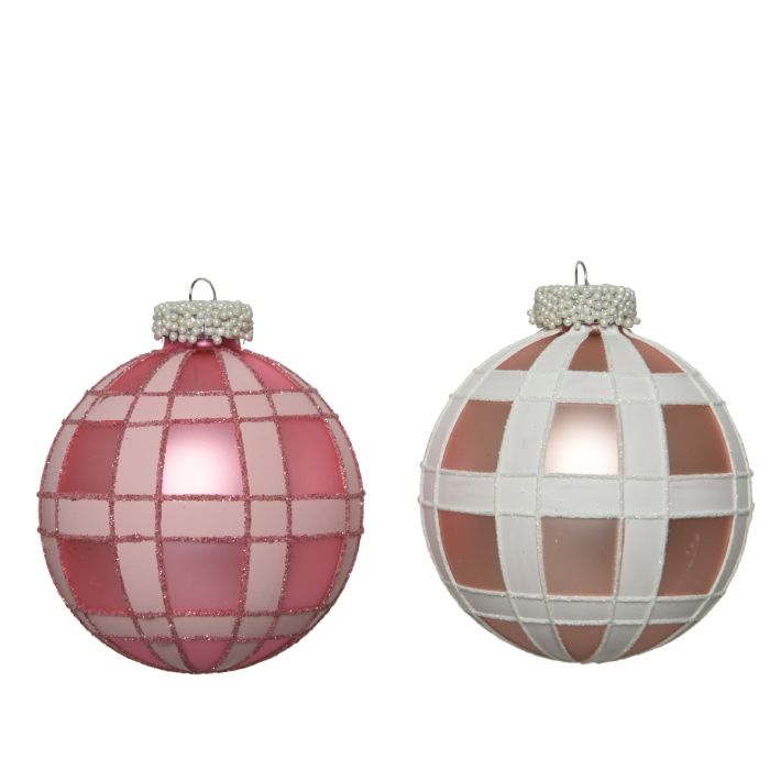 Bauble glass silver inside w matt color gliter checked, 1ΤΜΧ-Ροζ