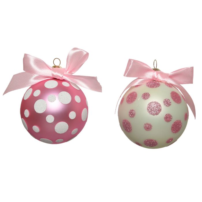 Bauble glass silver inside w matt color satin bow,glitter dots, 1ΤΜΧ-Λευκό