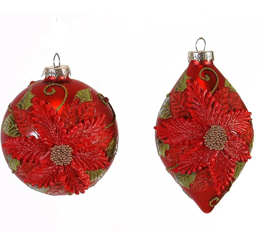 12/36-2Asst 10cm Glass green ball & drop orn w/red flower design
